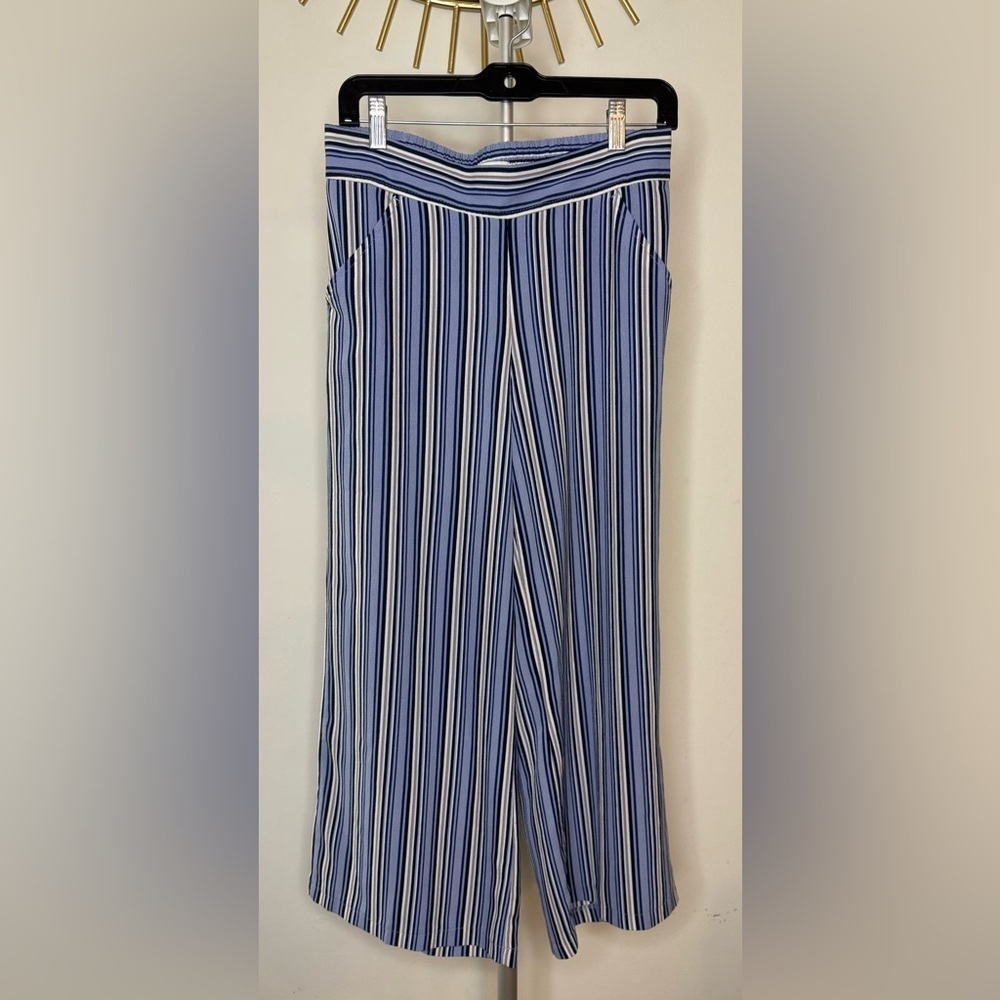 Max Studio blue striped wide leg flowy pants elastic waist pockets size medium - Picture 2 of 6